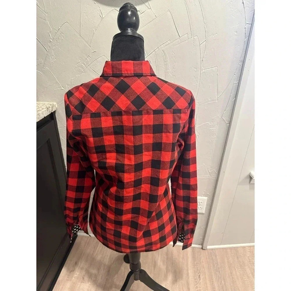 Hazel Blues Red and Black Button Down top with polka dot detail. Small - Picture 2 of 5